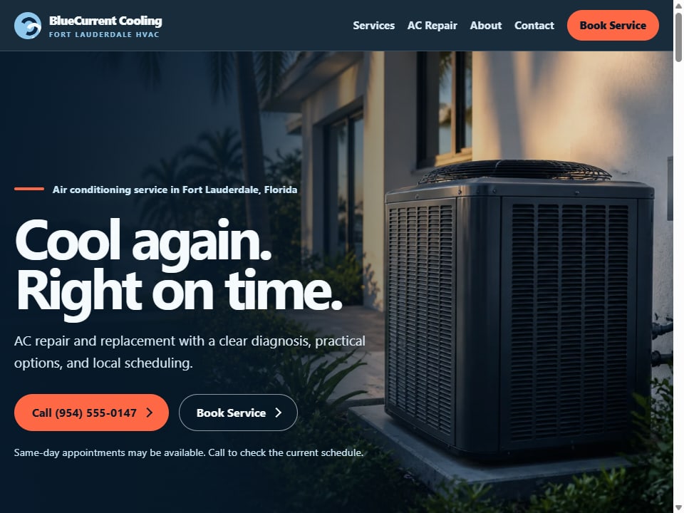 BlueCurrent Cooling Fort Lauderdale HVAC website by Digital Footprint Solutions with click-to-call and book service