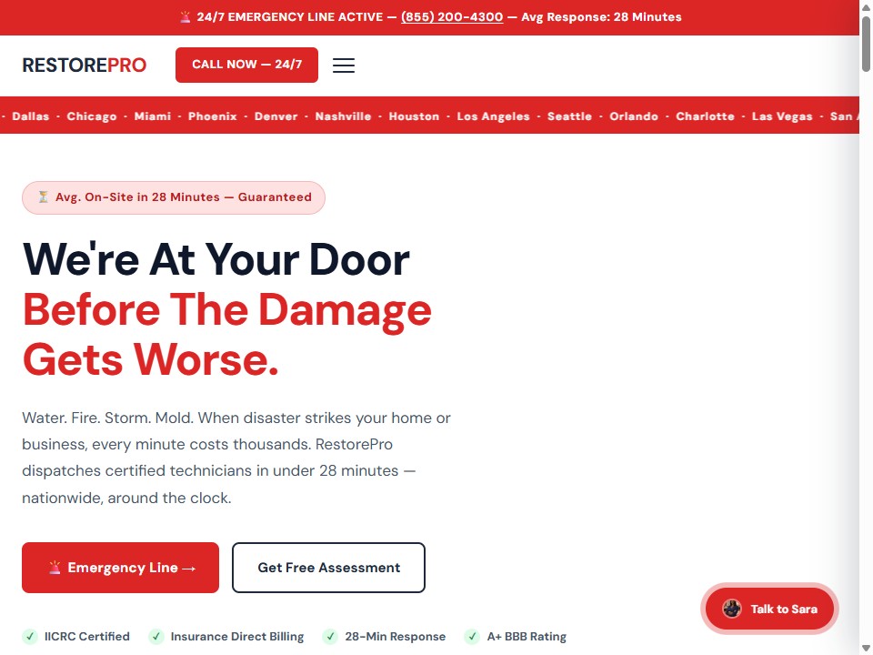 RestorePro damage restoration website built by Digital Footprint Solutions with 24/7 emergency line and free assessment form