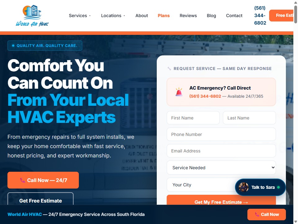 World Air HVAC website, a live client site by Digital Footprint Solutions with same-day service request form