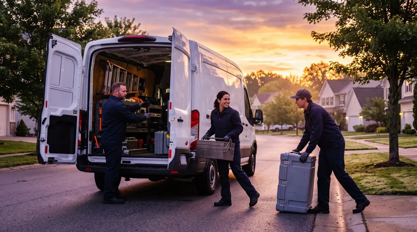 Home service crew loading their van at sunrise