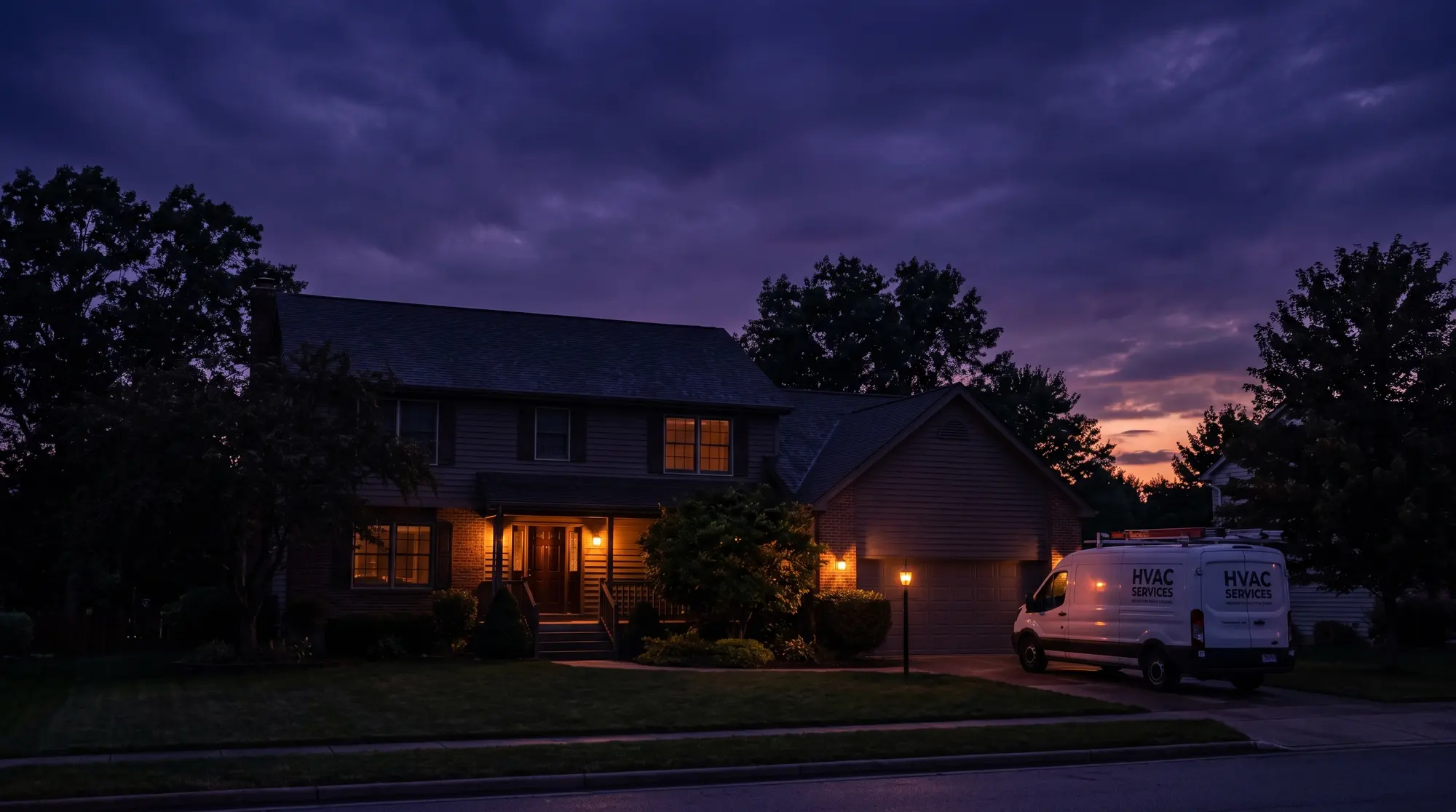 Service van in a driveway at night while Sara answers the after-hours call