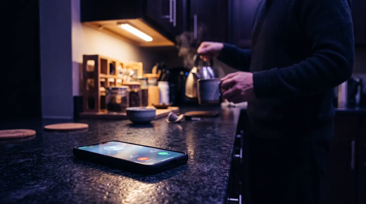 Homeowner's phone ringing on the kitchen counter at night