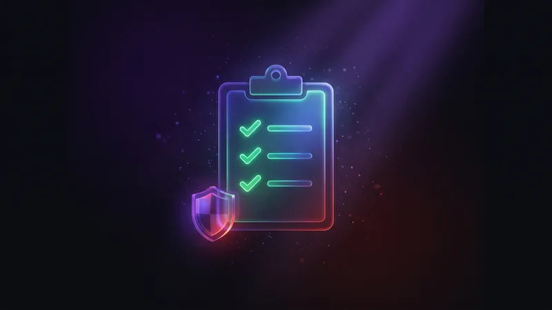 Glowing 3D clipboard with green checkmarks and a shield, representing a quick business security checklist