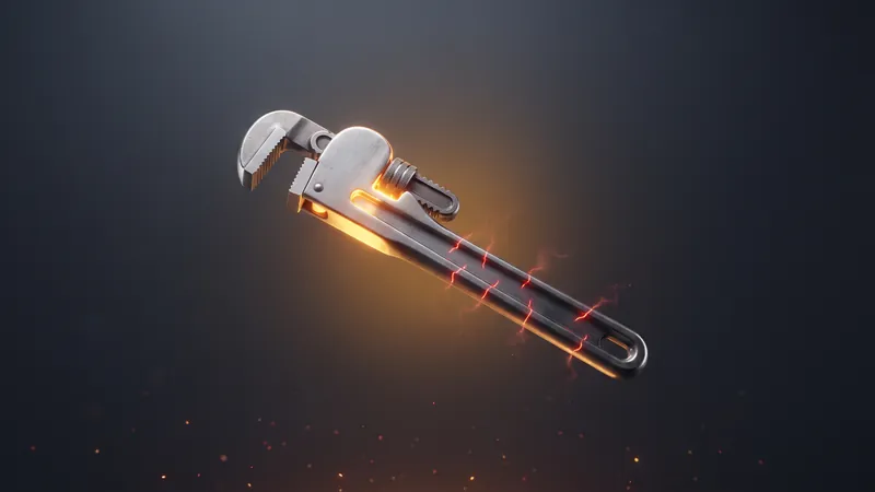 A glowing pipe wrench with cracks of light along its handle, representing seven small revenue leaks in a plumbing marketing plan