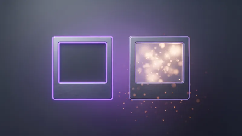 Two picture frames side by side, one empty and dim, one glowing and full, representing a missing before-and-after portfolio