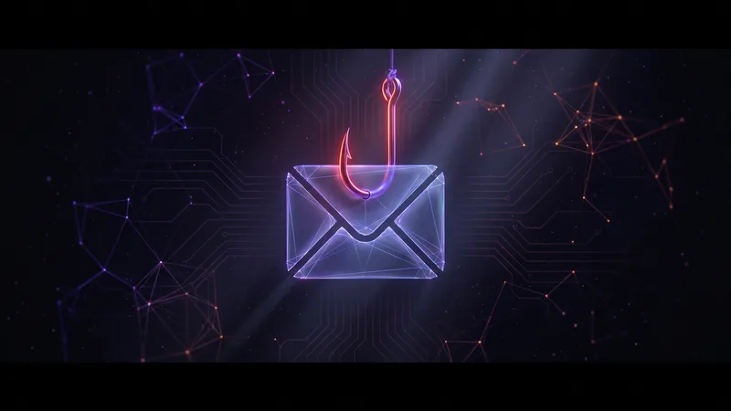 Glowing fishing hook piercing a digital email envelope, representing AI-powered phishing