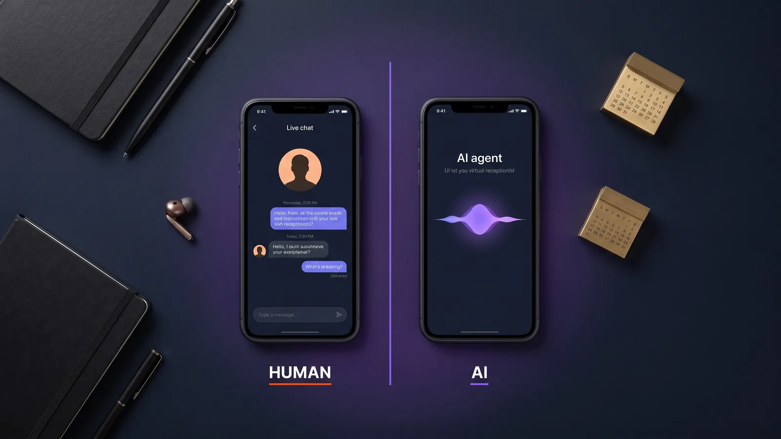 Two smartphones side-by-side comparing AI receptionist and human virtual receptionist interfaces
