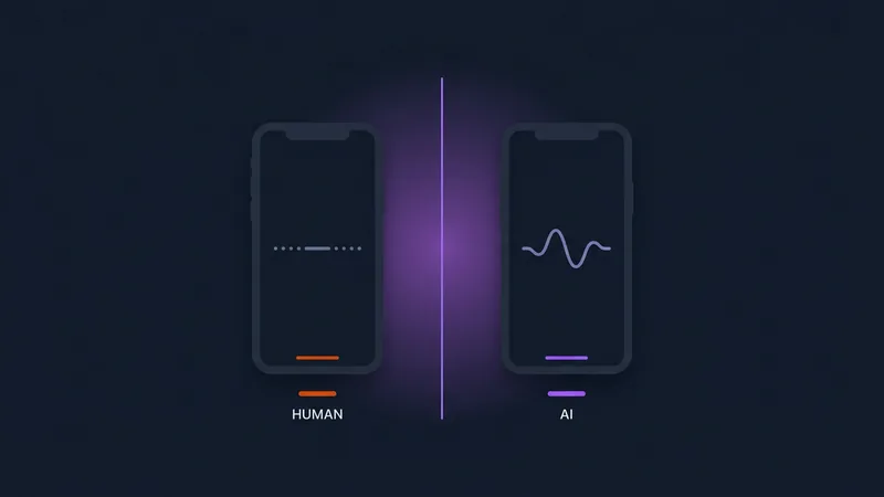 Two phones side by side labeled HUMAN and AI for receptionist comparison