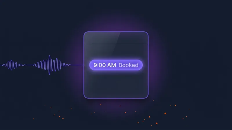 Calendar card with violet 9 AM time slot pill, AI scheduling thumbnail