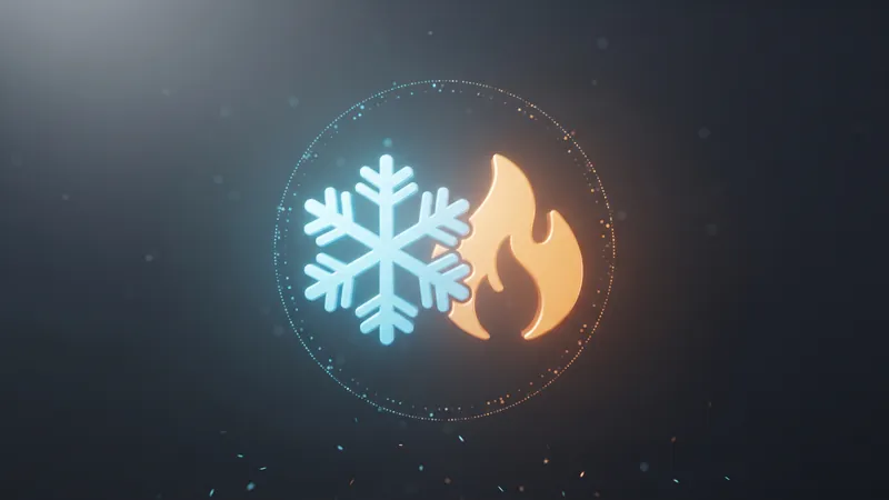 A glowing snowflake and flame icon side by side, representing HVAC year-round heating and cooling marketing