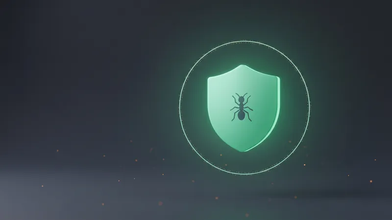 A glowing green shield with an ant silhouette at its center, representing ongoing pest control protection