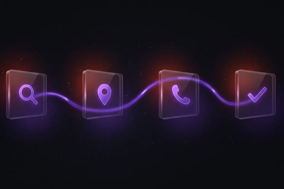 Four stage flow showing a homeowner searching, checking the service area, calling, and the job being booked