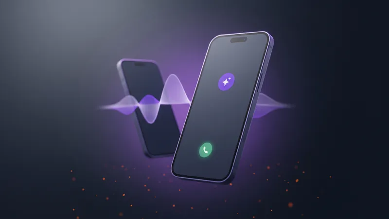 Two glowing 3D smartphones connected by a purple sound wave, representing Google's AI calling a business on a customer's behalf