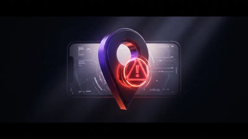 Glowing map location pin with a red warning triangle over a phone screen, representing a Google Business Profile scam alert