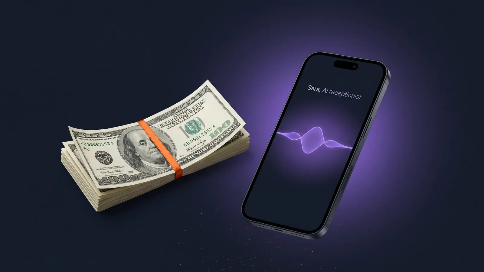 AI receptionist pricing visualization with smartphone showing cost overlay