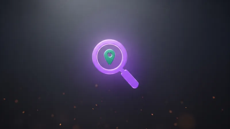 A glowing purple magnifying glass examining a green map pin, representing local search ranking for an HVAC business