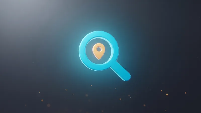 A glowing cyan magnifying glass examining an amber map pin, representing local search ranking for a plumbing business
