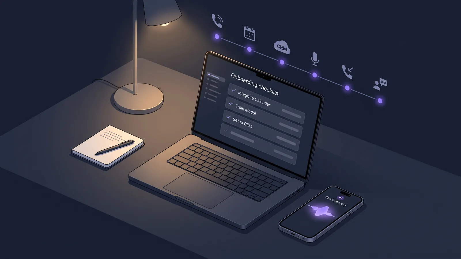 Editorial desk scene showing AI receptionist setup workflow on laptop and phone