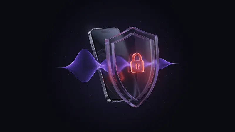 Smartphone with a glowing voice soundwave wrapped in a protective shield and padlock, representing safe AI phone answering