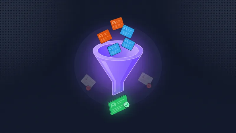 Glowing violet funnel filtering incoming lead cards down to one qualified green lead
