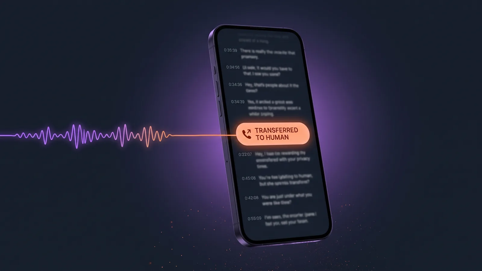 Smartphone showing AI receptionist transcript with TRANSFERRED TO HUMAN callout illustrating the handoff moment