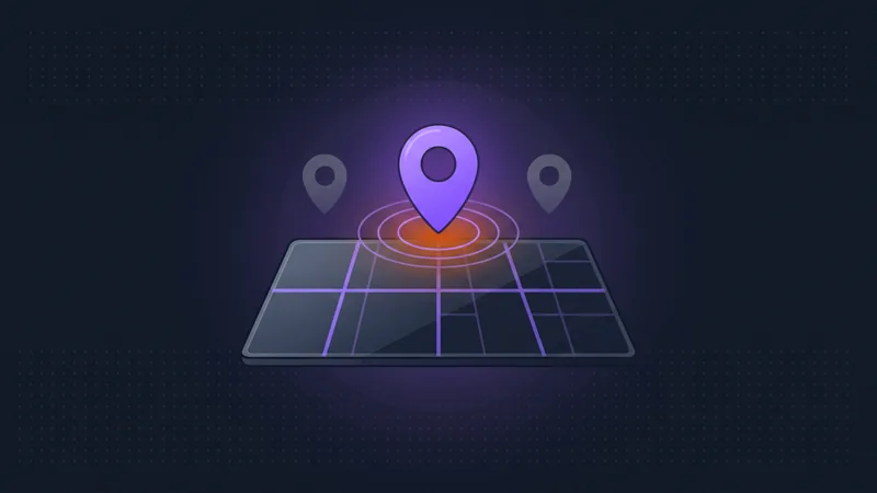 Glowing violet map pin with radar pulse rings standing out above two faded competitor pins on a map