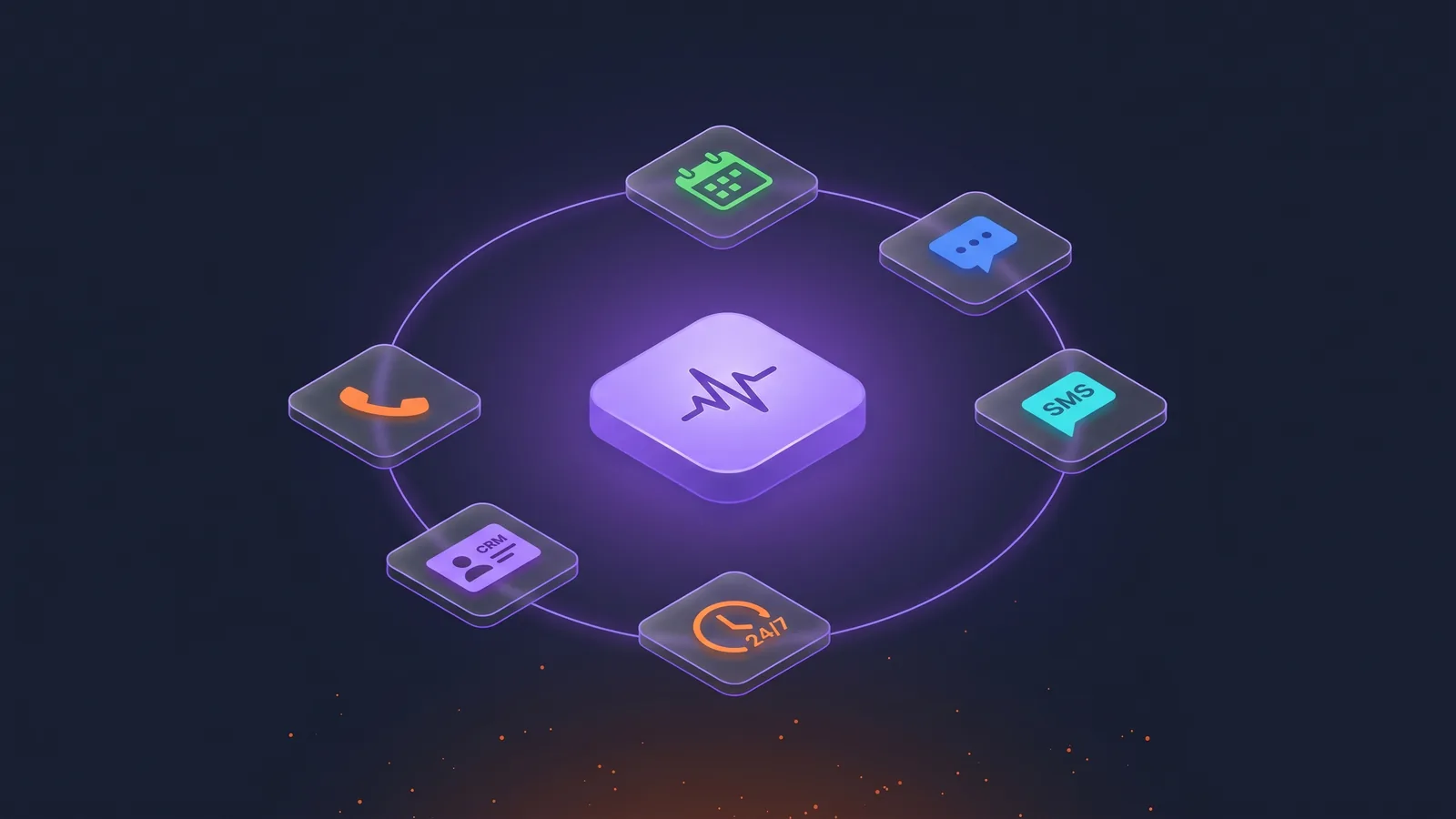 Isometric visualization of AI receptionist capabilities with floating icons for phone, calendar, CRM, and SMS