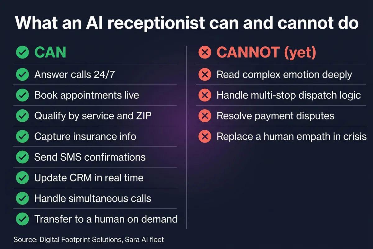What an AI receptionist can and cannot do, side-by-side capability matrix