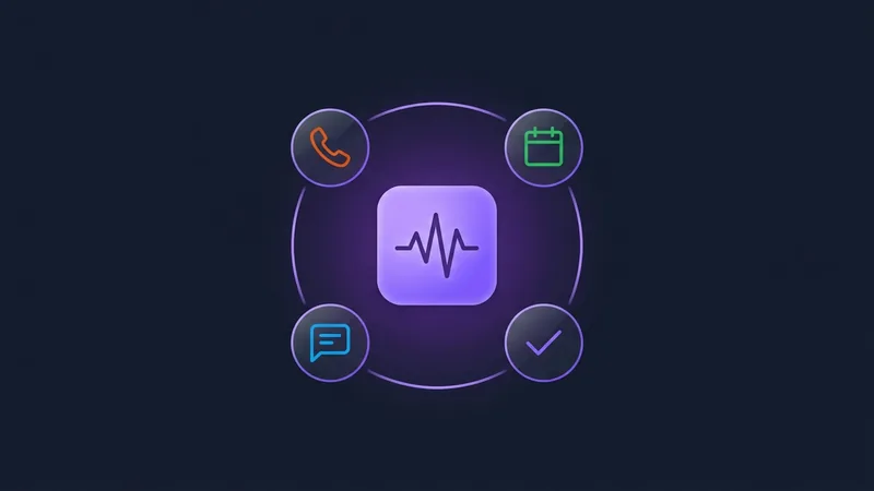AI core with four orbiting capability icons (phone, calendar, chat, checkmark)