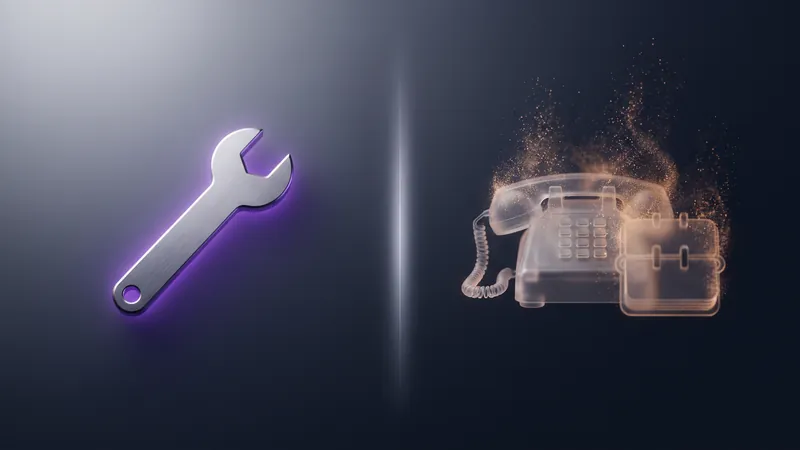 A solid glowing wrench next to a translucent office telephone dissolving into particles, representing the trade staying while office systems get automated